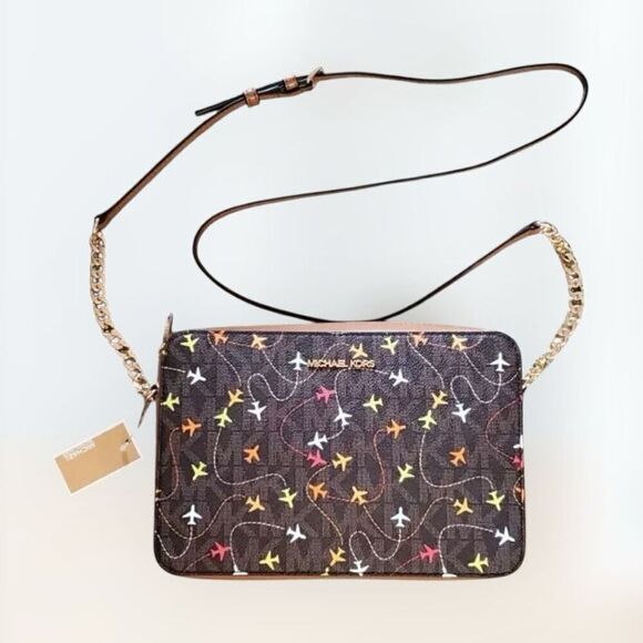 MICHAEL KORS JET SET Brown Multi East West Airplane Print Crossbody Bag $198 NWT - Picture 1 of 7